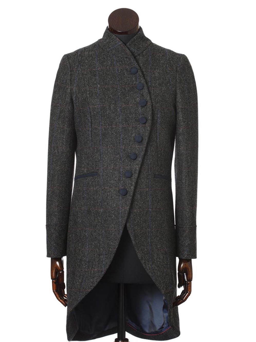 Emma Tail Coat | Charcoal Wide Herringbone Windowpane Shetland Tweed